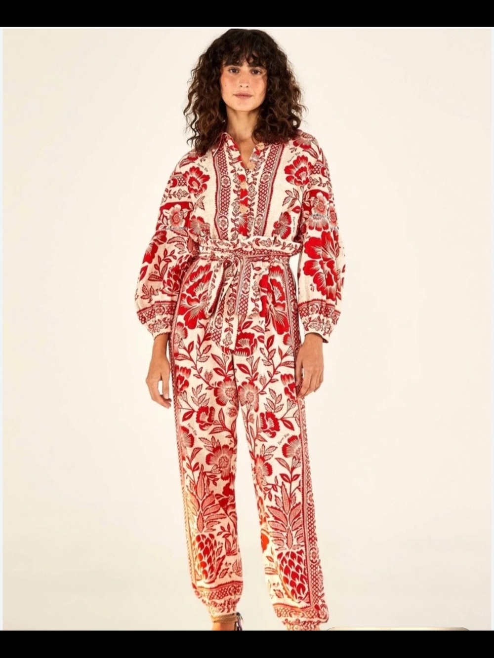 FARM Rio Red and Cream Floral Jumpsuit Sz XS